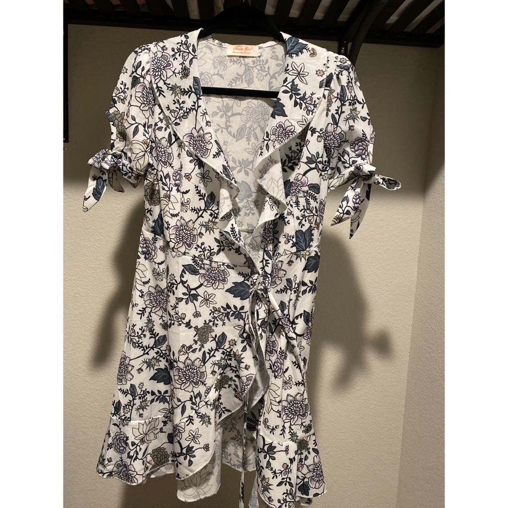 Shmily girl white dress floral wrap around dress